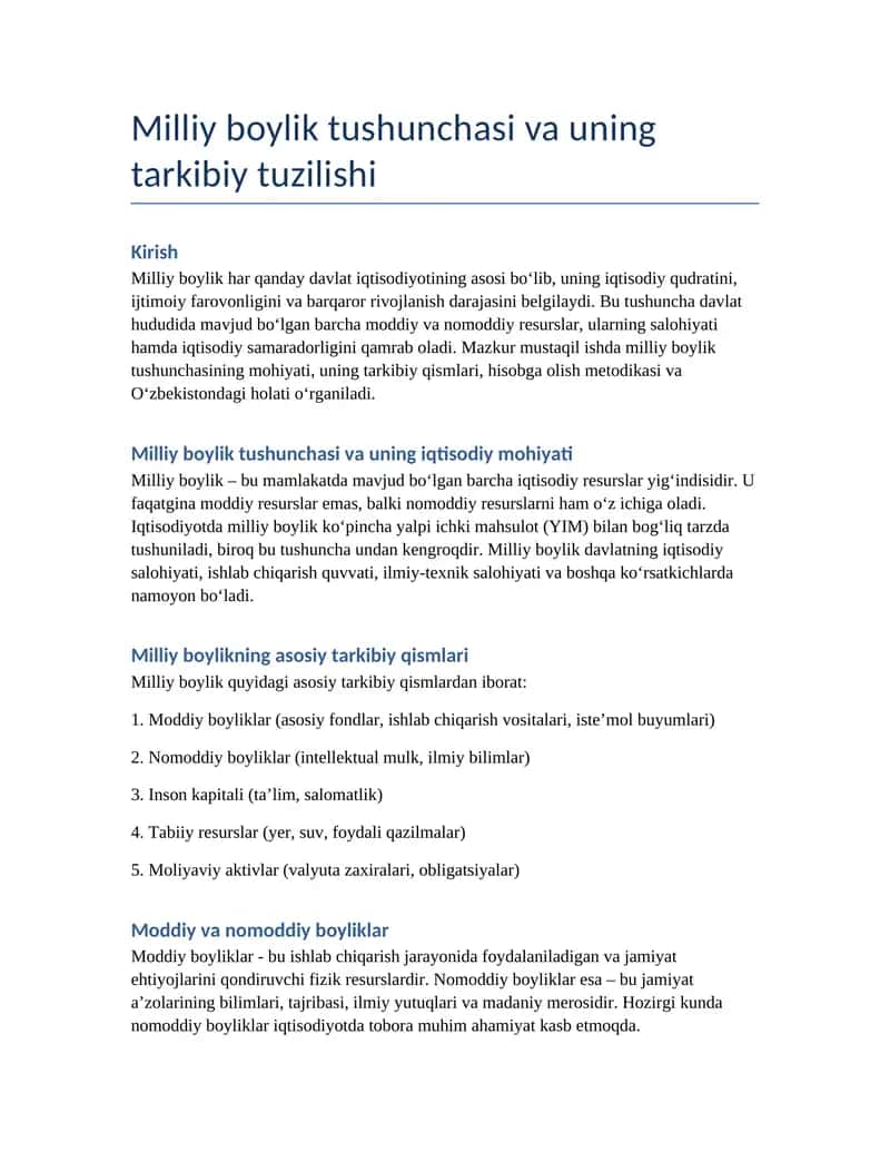 Milliy boylik tushunchasi va uning tarkibiy tuzilishi