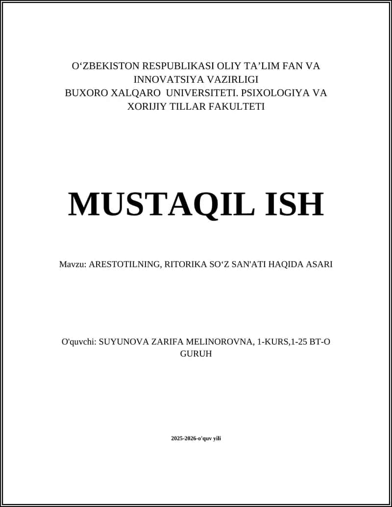 ARESTOTILNING, RITORIKA SOʻZ SAN'ATI HAQIDA ASARI