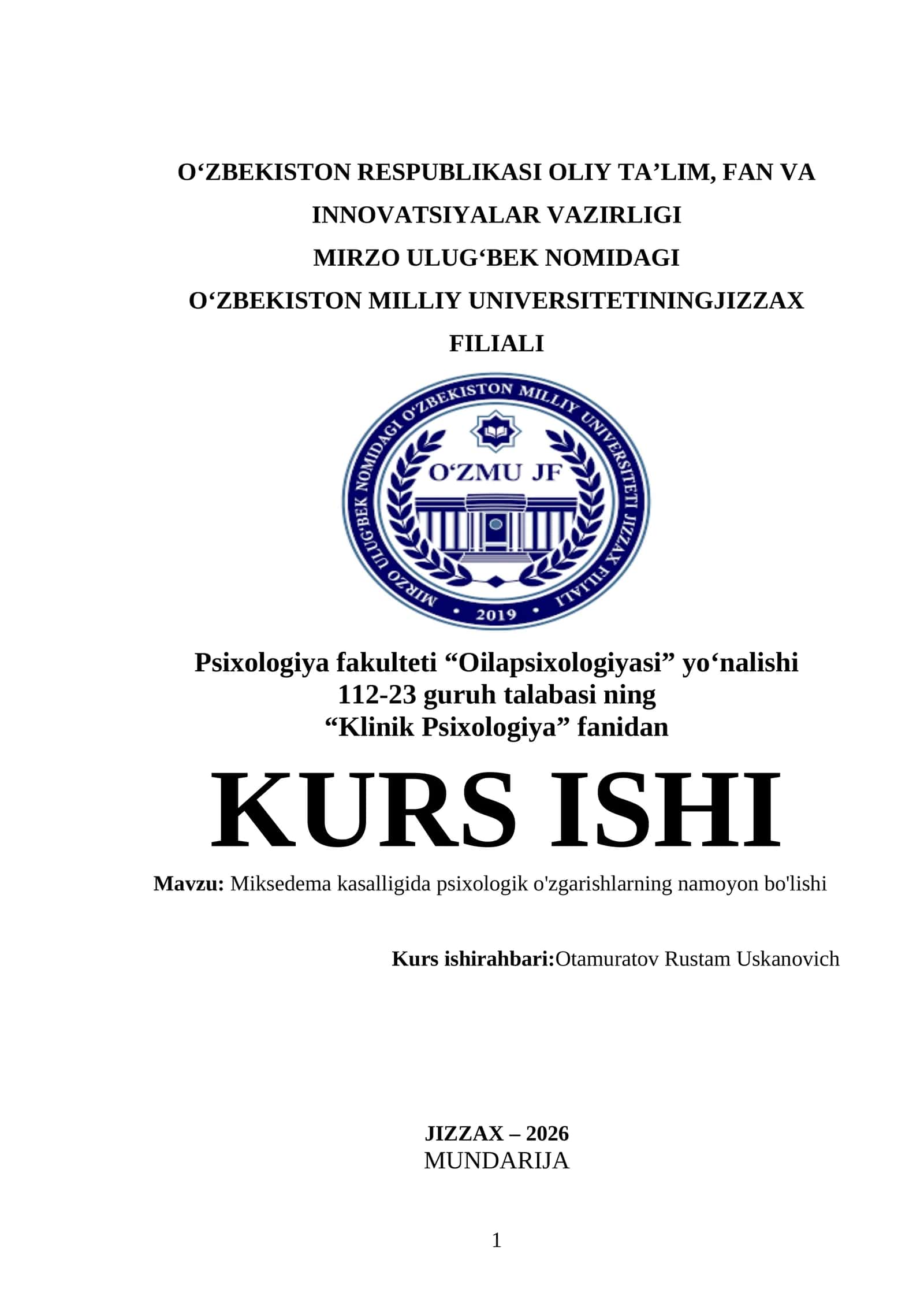 Miksedema kasalligida psixologik o'zgarishlarning namoyon bo'lishi