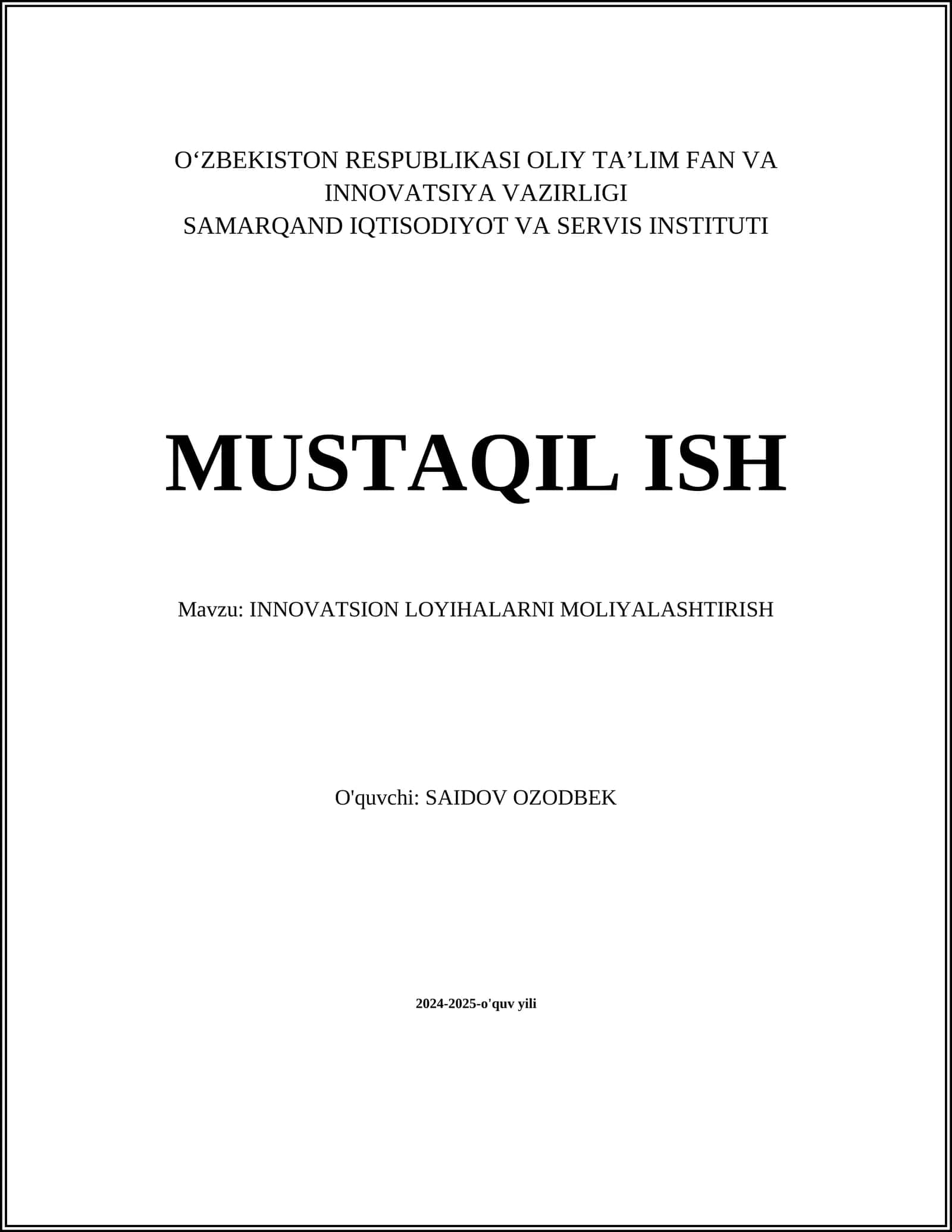 INNOVATSION LOYIHALARNI MOLIYALASHTIRISH