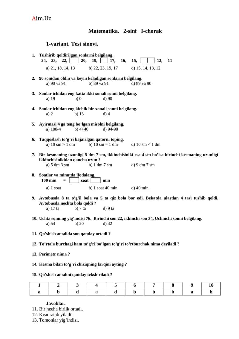Matematika. 2-sinf I-chorak