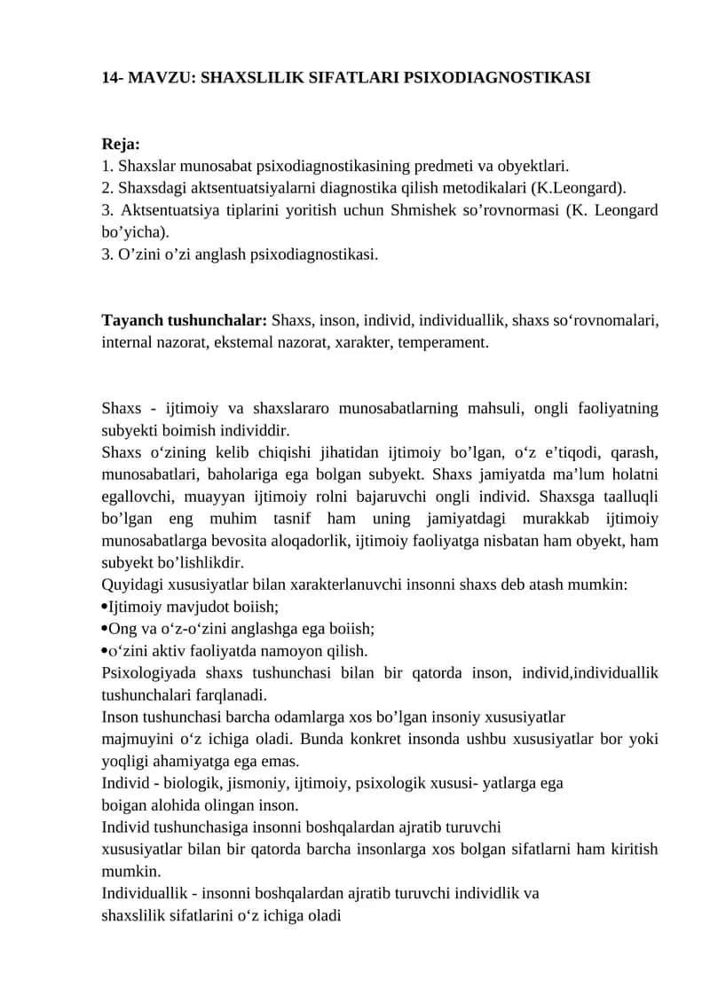 SHAXSLIK SIFATLARI PSIXODIAGNOSTIKASI