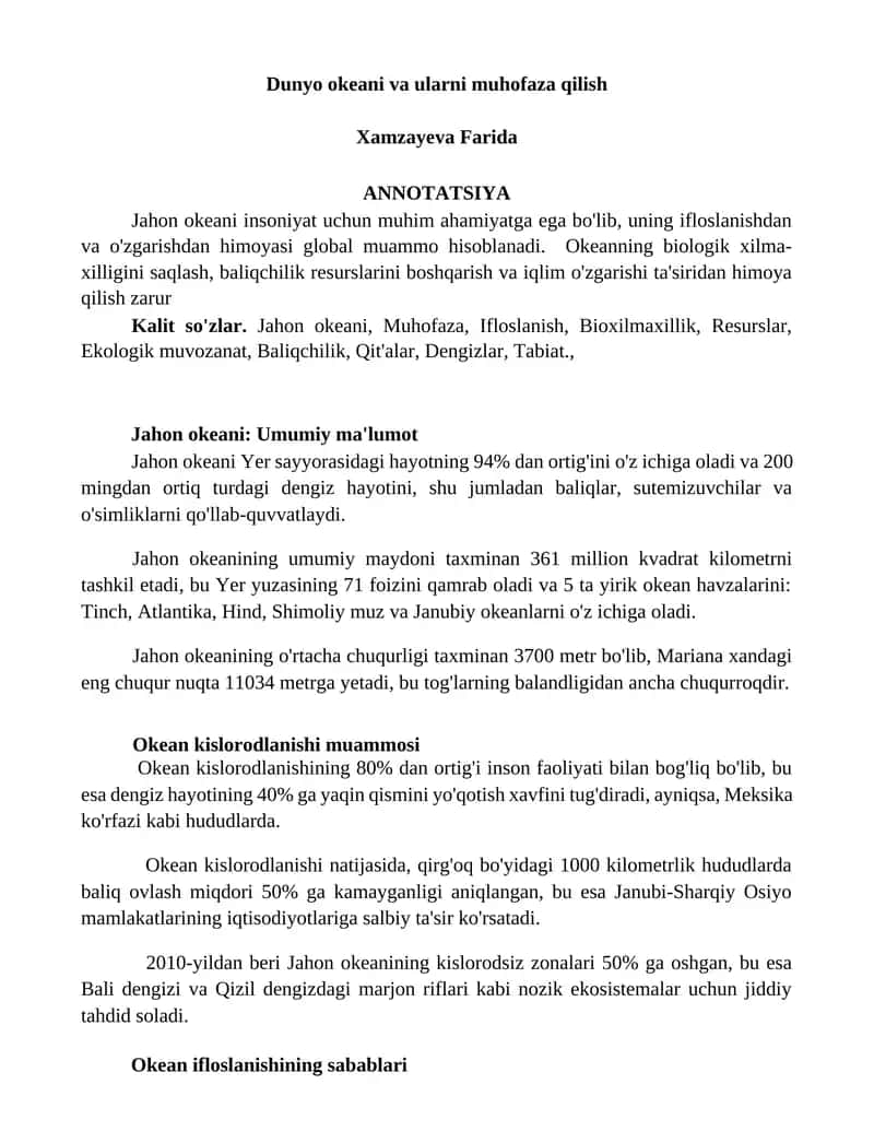 Jahon okeani va ularni muhofaza qilish