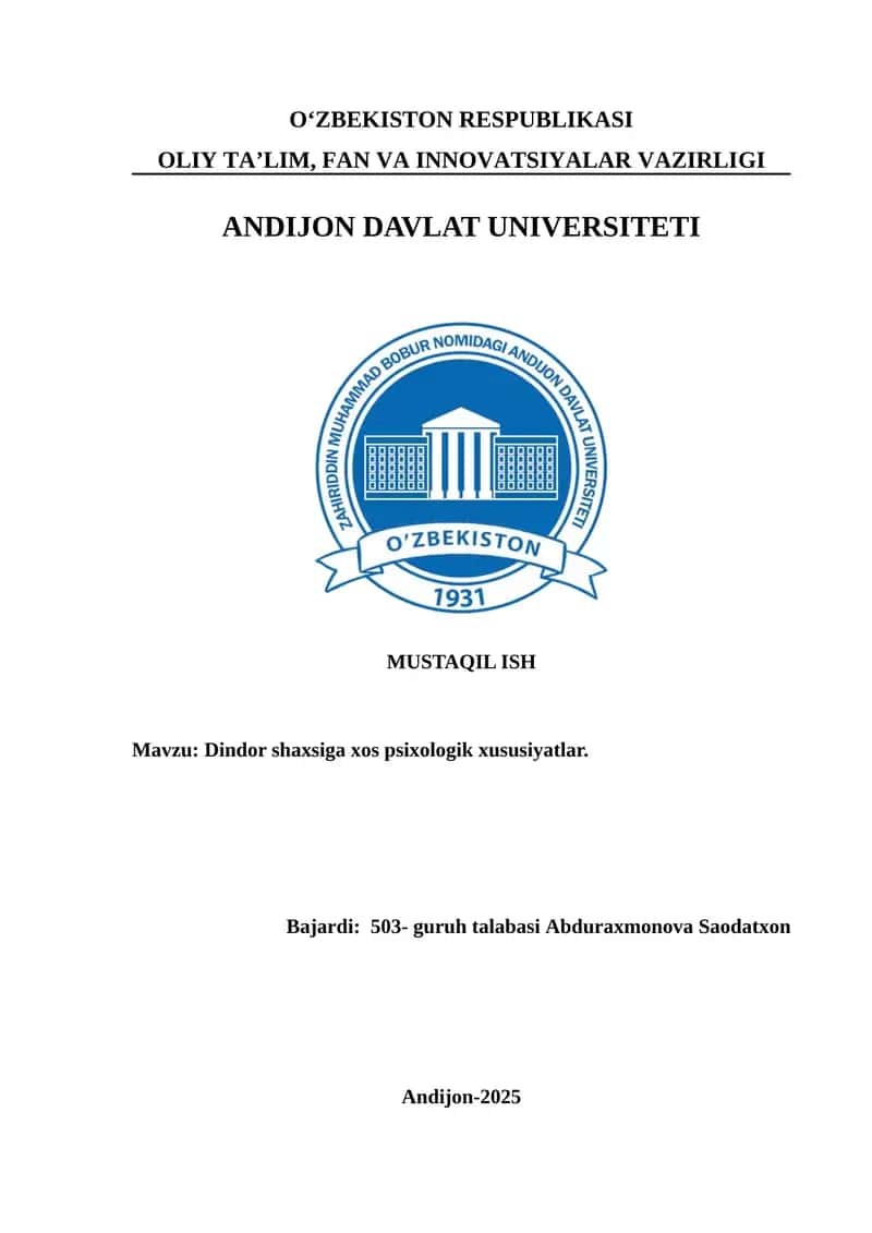 Dindor shaxsiga xos psixologik xususiyatlar.