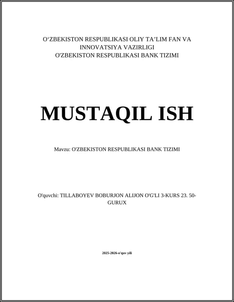 O'ZBEKISTON RESPUBLIKASI BANK TIZIMI