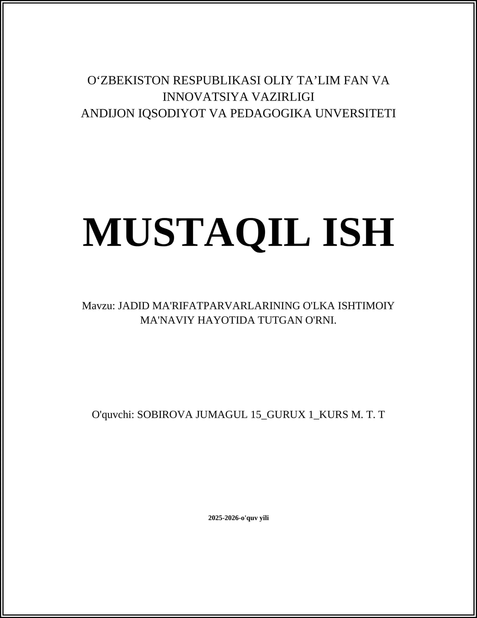JADID MA'RIFATPARVARLARINING O'LKA ISHTIMOIY MA'NAVIY HAYOTIDA TUTGAN O'RNI
