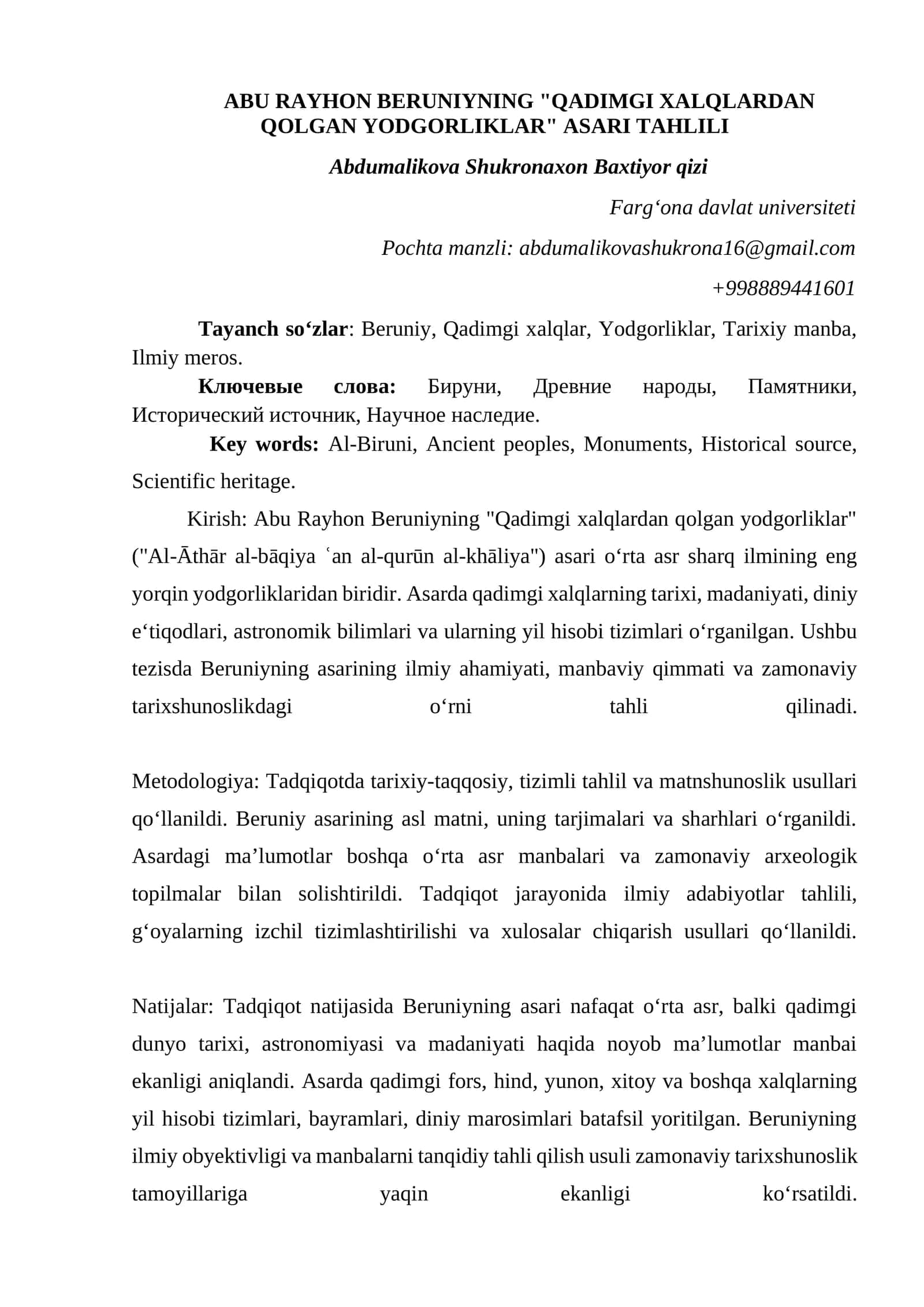 Abu Rayhon Beruniyning "Qadimgi Xalqlardan Qolgan Yodgorliklar" Asari Tahlii