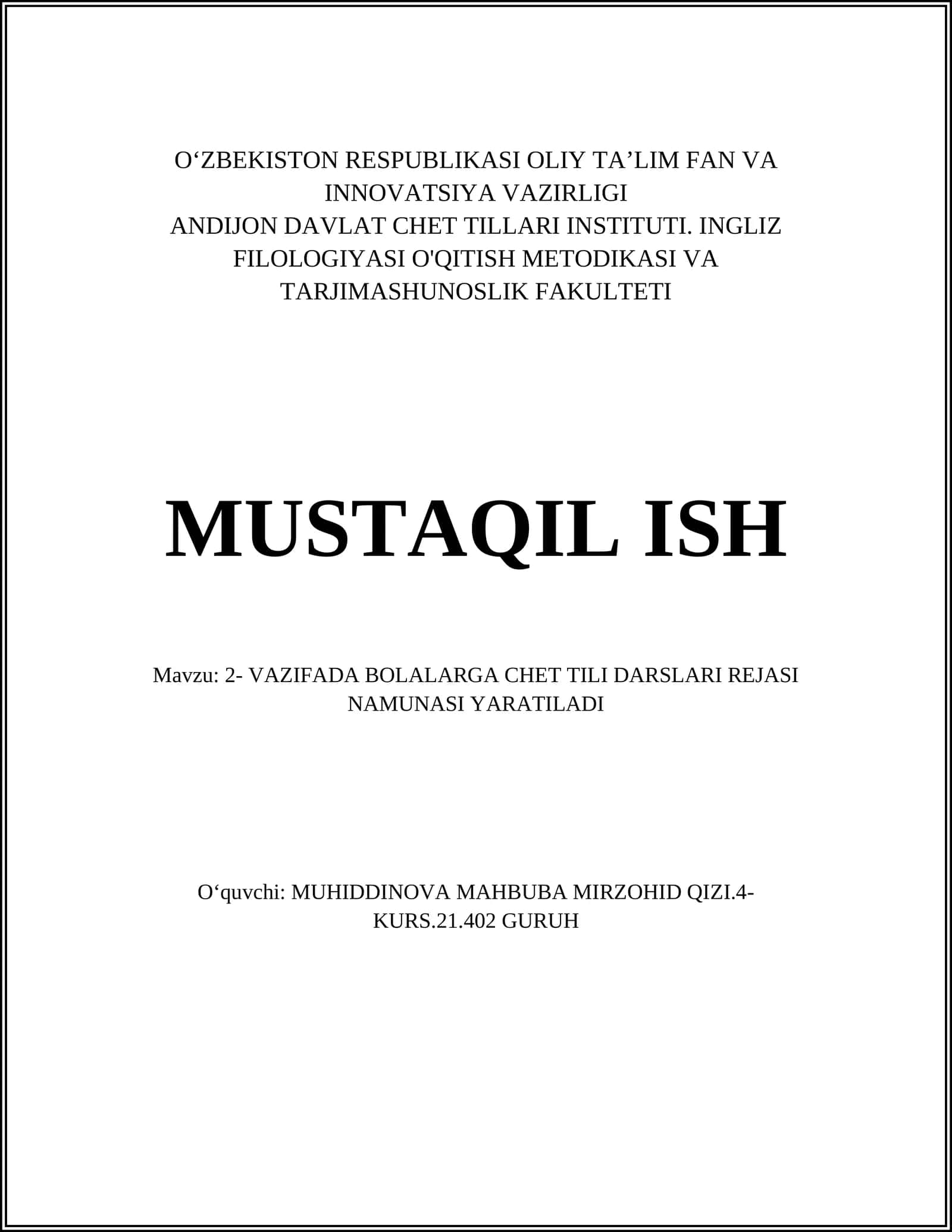 VAZIFADA BOLALARGA CHET TILI DARSLARI REJASI