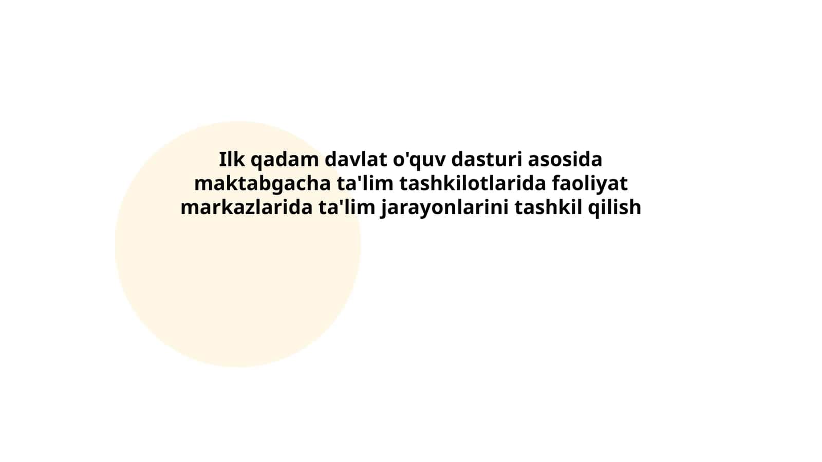 Ilk qadam davlat o'quv dasturi asosida maktabgacha ta'lim tashkilotlarida faoliyat markazlarida ta'lim jarayonlarini tashkil qilish
