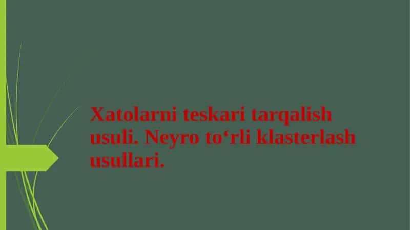Xatolarni teskari tarqalish usuli. Neyro toʻrli klasterlash usullari.