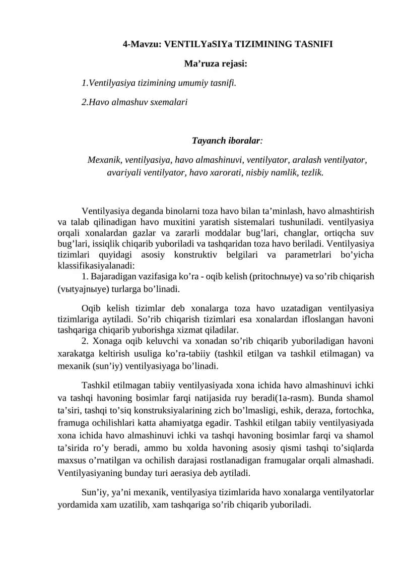 VENTILYaSIYa TIZIMINING TASNIFI