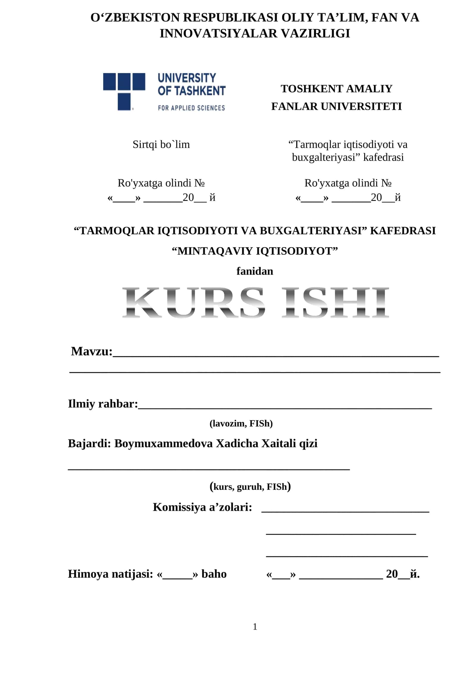 Tarmoqlar iqtisodiyoti va buxgalteriyasi kurs ishi