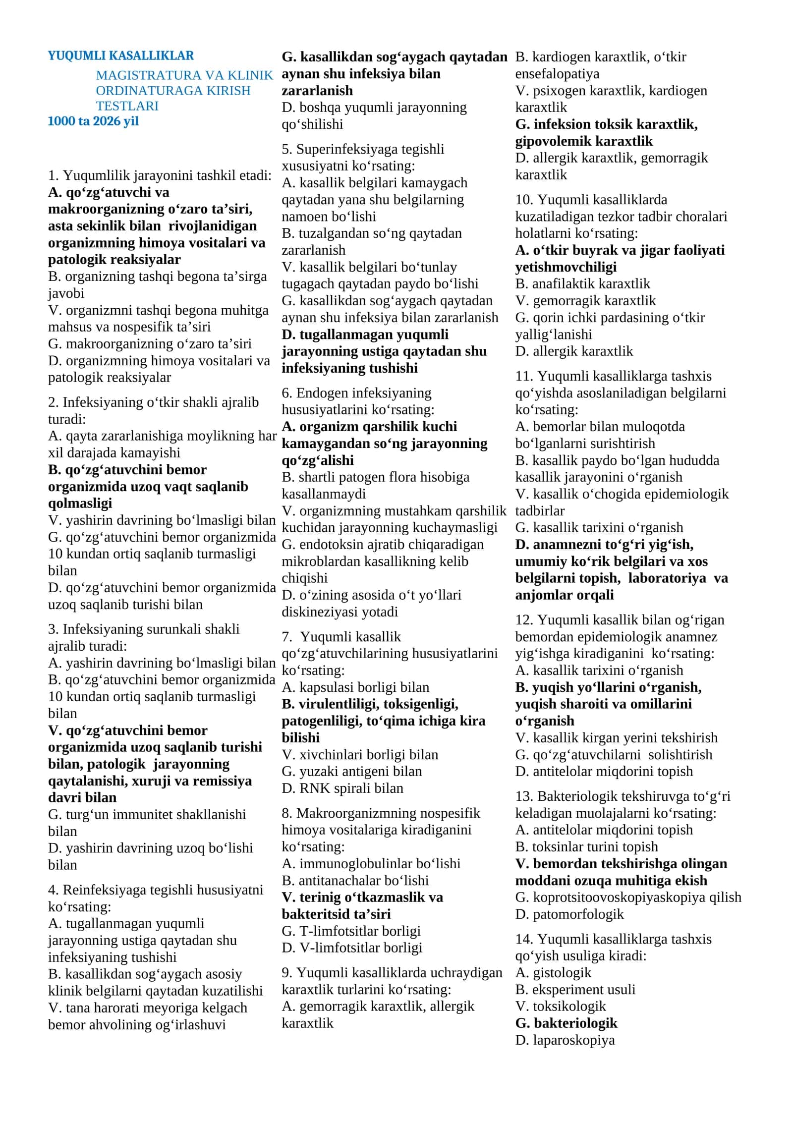 YUQUMLI KASALLIKLAR MAGISTRATURA VA KLINIK ORDINATURAGA KIRISH TESTLARI 1000 TA TEST 2026