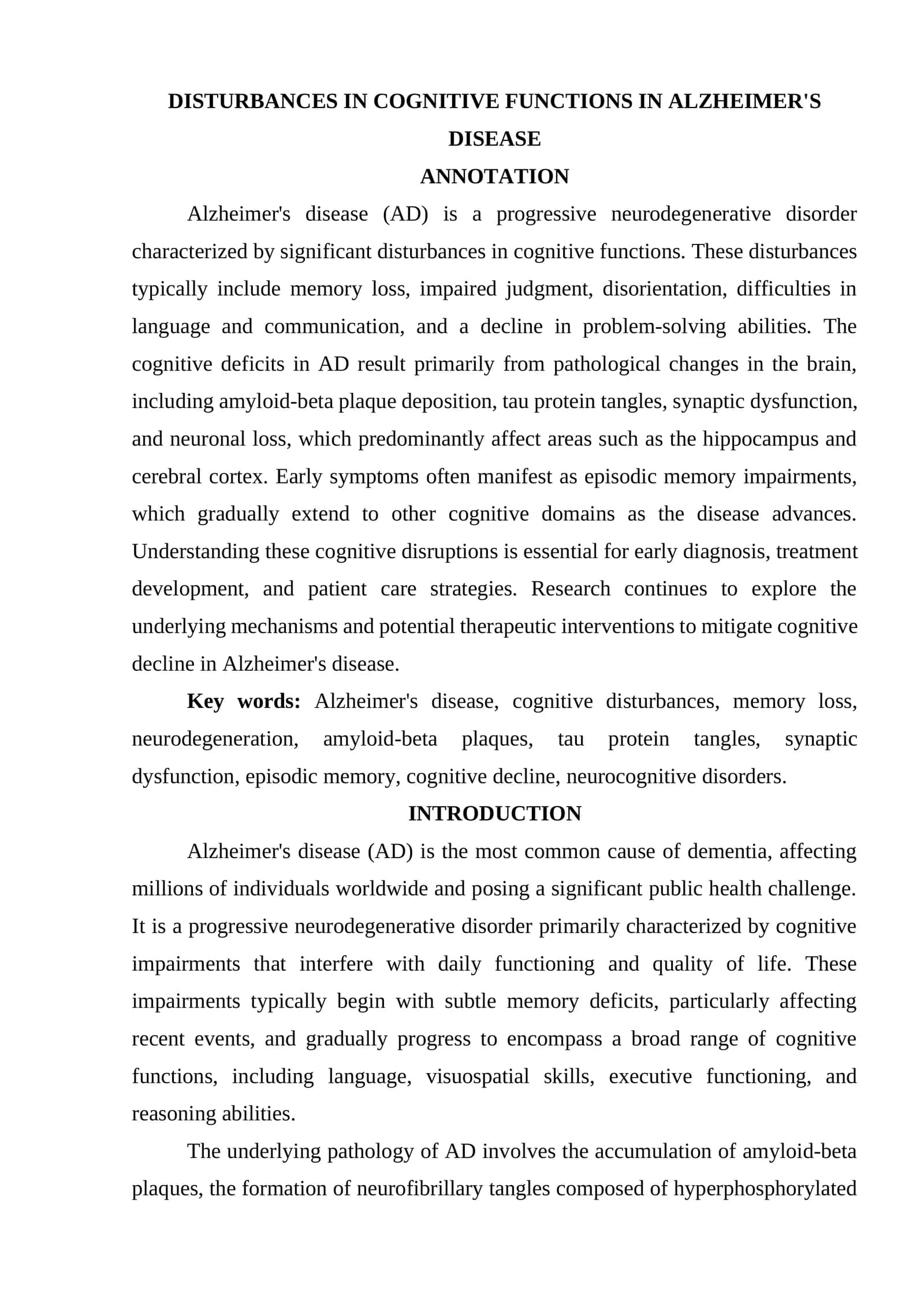 DISTURBANCES IN COGNITIVE FUNCTIONS IN ALZHEIMER'S DISEASE