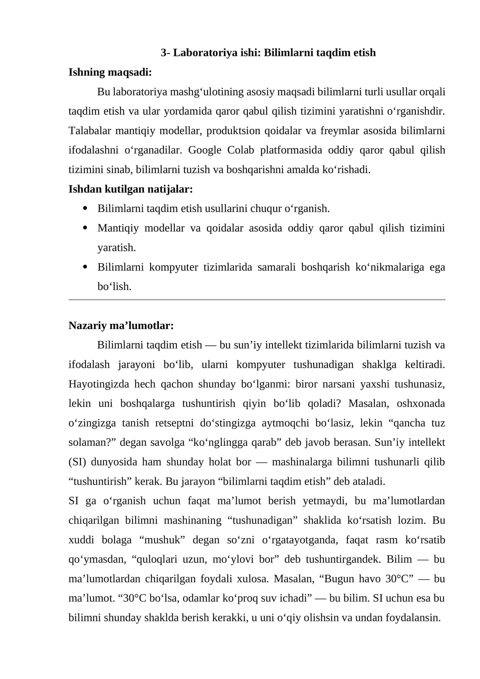 Laboratoriya ishi: Bilimlarni taqdim etish