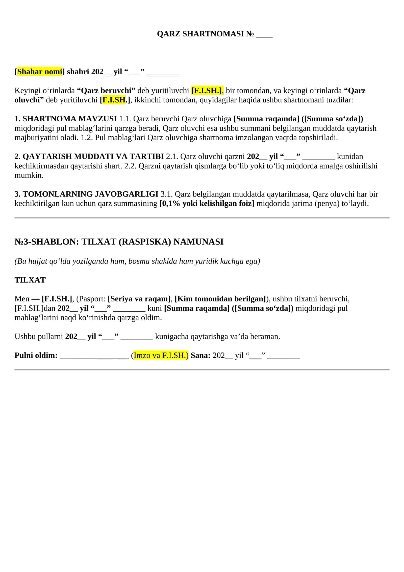 QARZ SHARTNOMASI