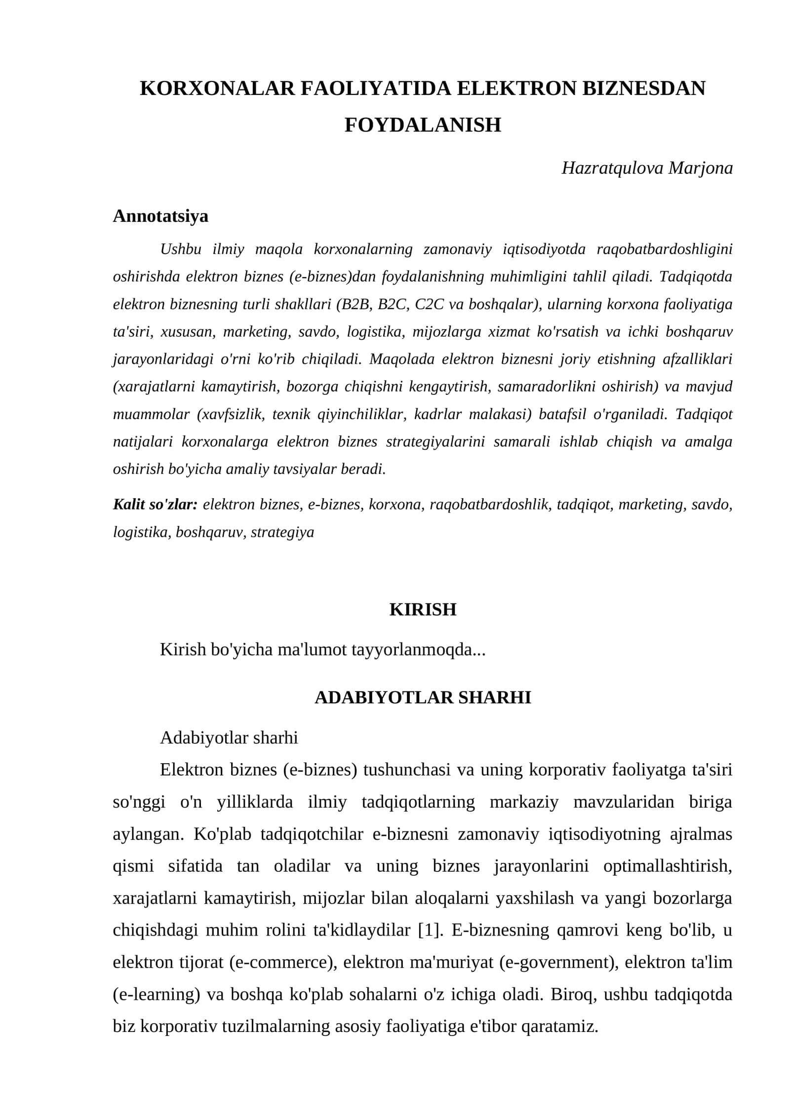 KORXONALAR FAOLIYATIDA ELEKTRON BIZNESDAN FOYDALANISH