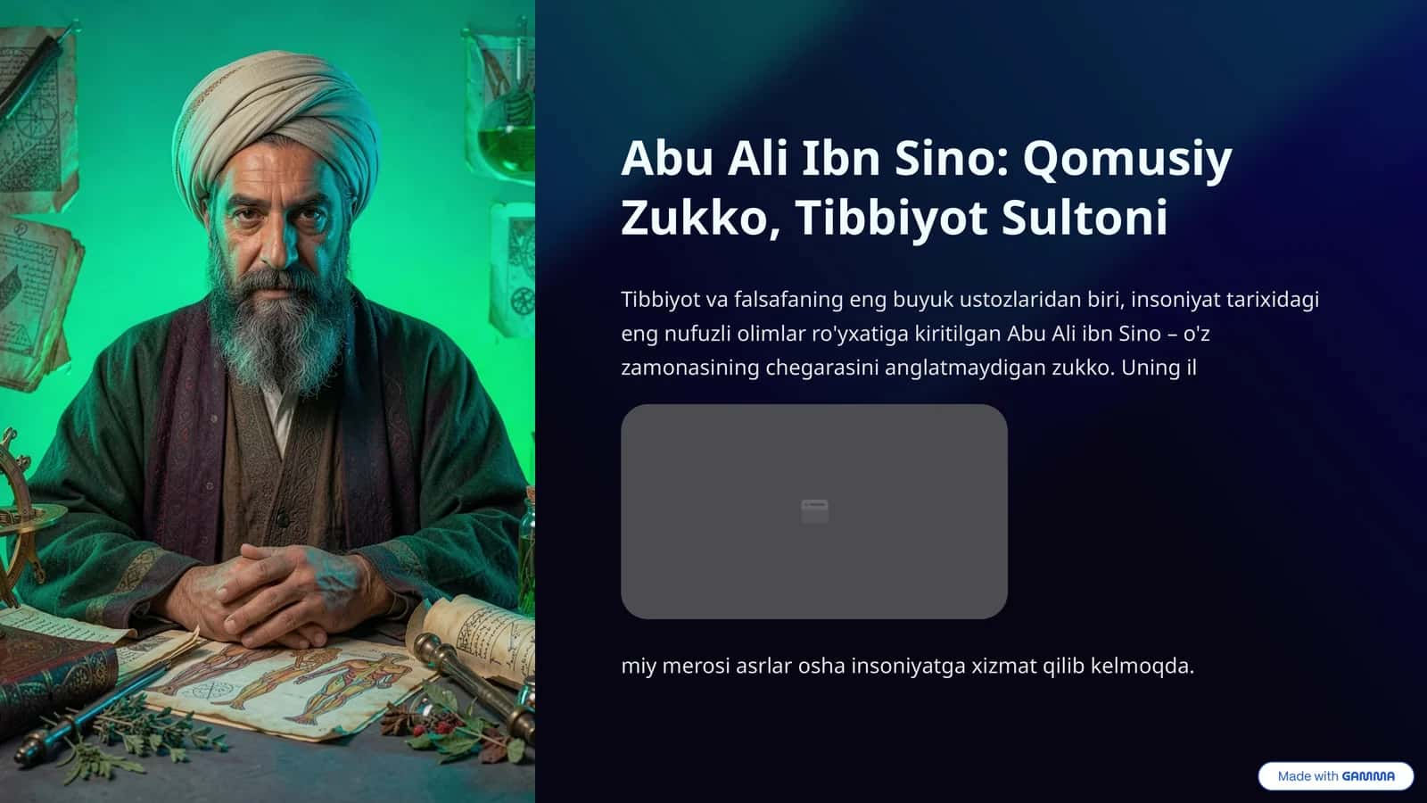 Abu Ali Ibn Sino: Qomusiy Zukko, Tibbiyot Sultoni