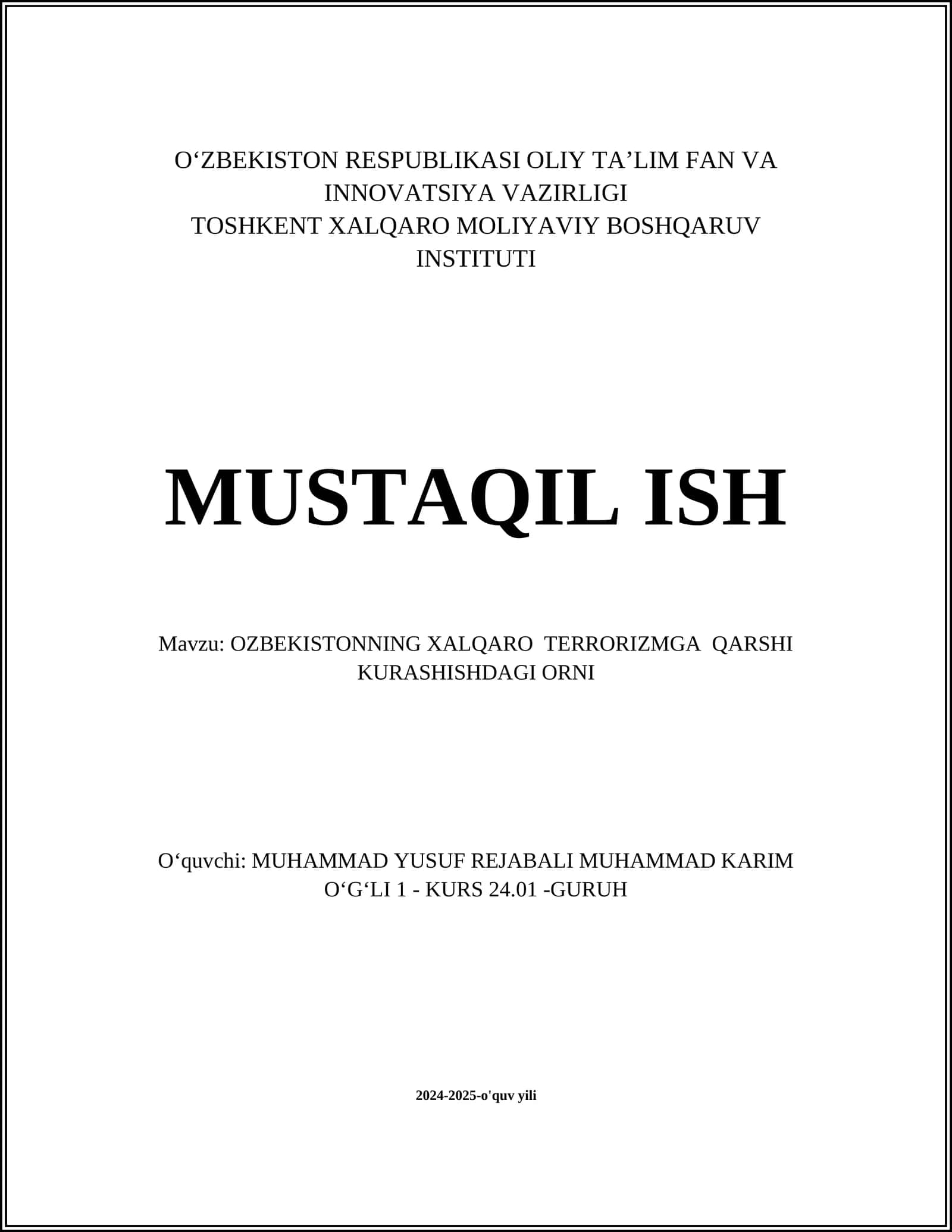 OZBEKISTONNING XALQARO TERRORIZMGA QARSHI KURASHISHDAGI ORNI
