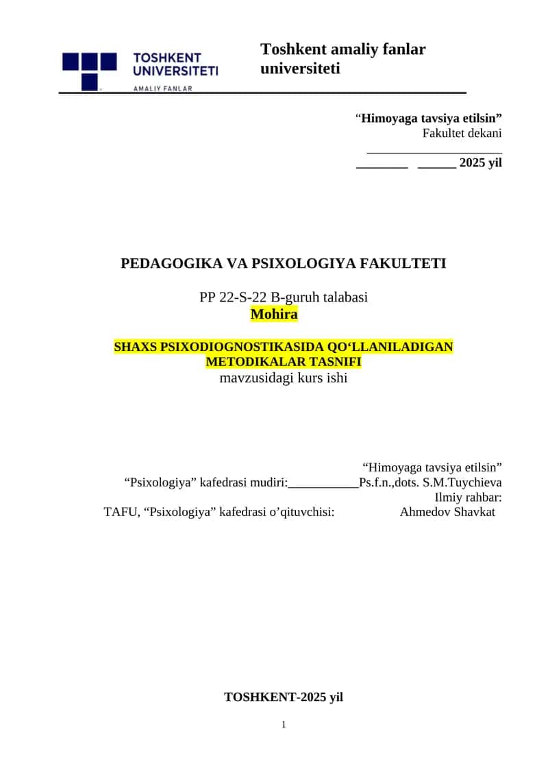 SHAXS PSIXODIOGNOSTIKASIDA QO‘LLANILADIGAN METODIKALAR TASNIFI