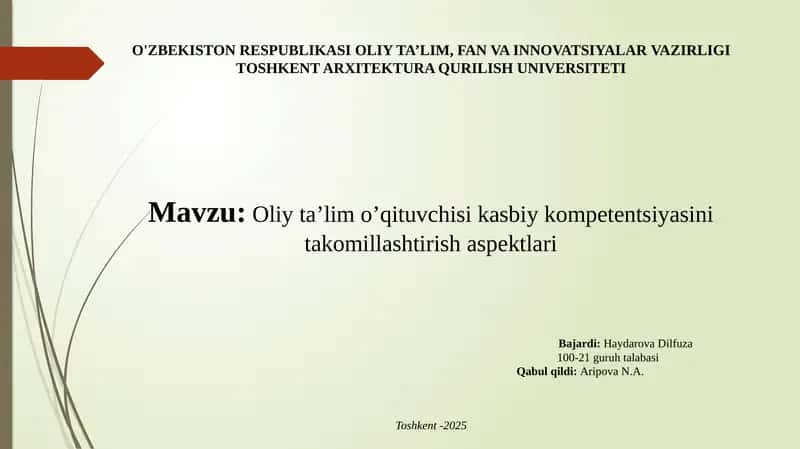 Oliy ta’lim o’qituvchisi kasbiy kompetentsiyasi