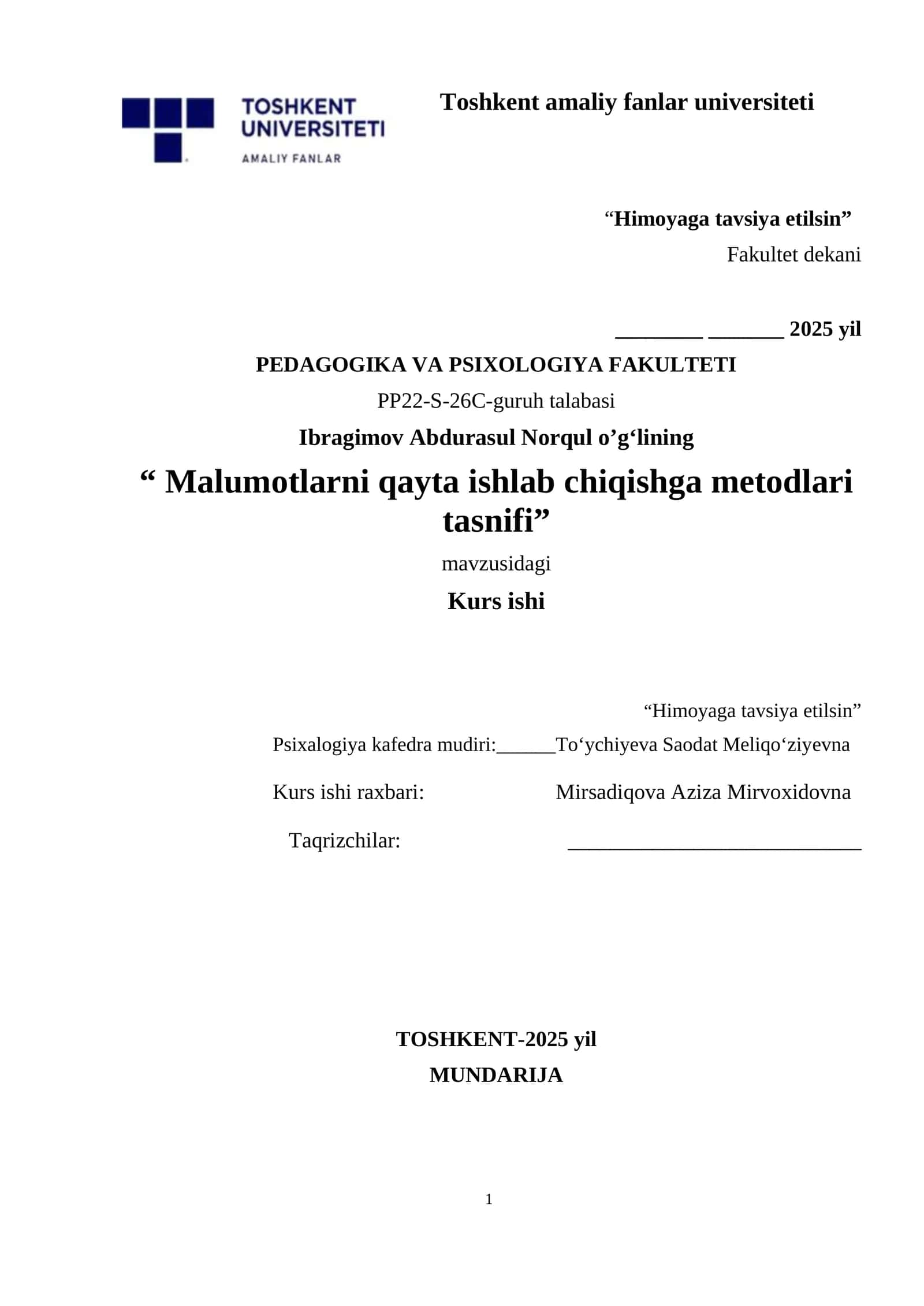 Malumotlarni qayta ishlab chiqishga metodlari tasnifi