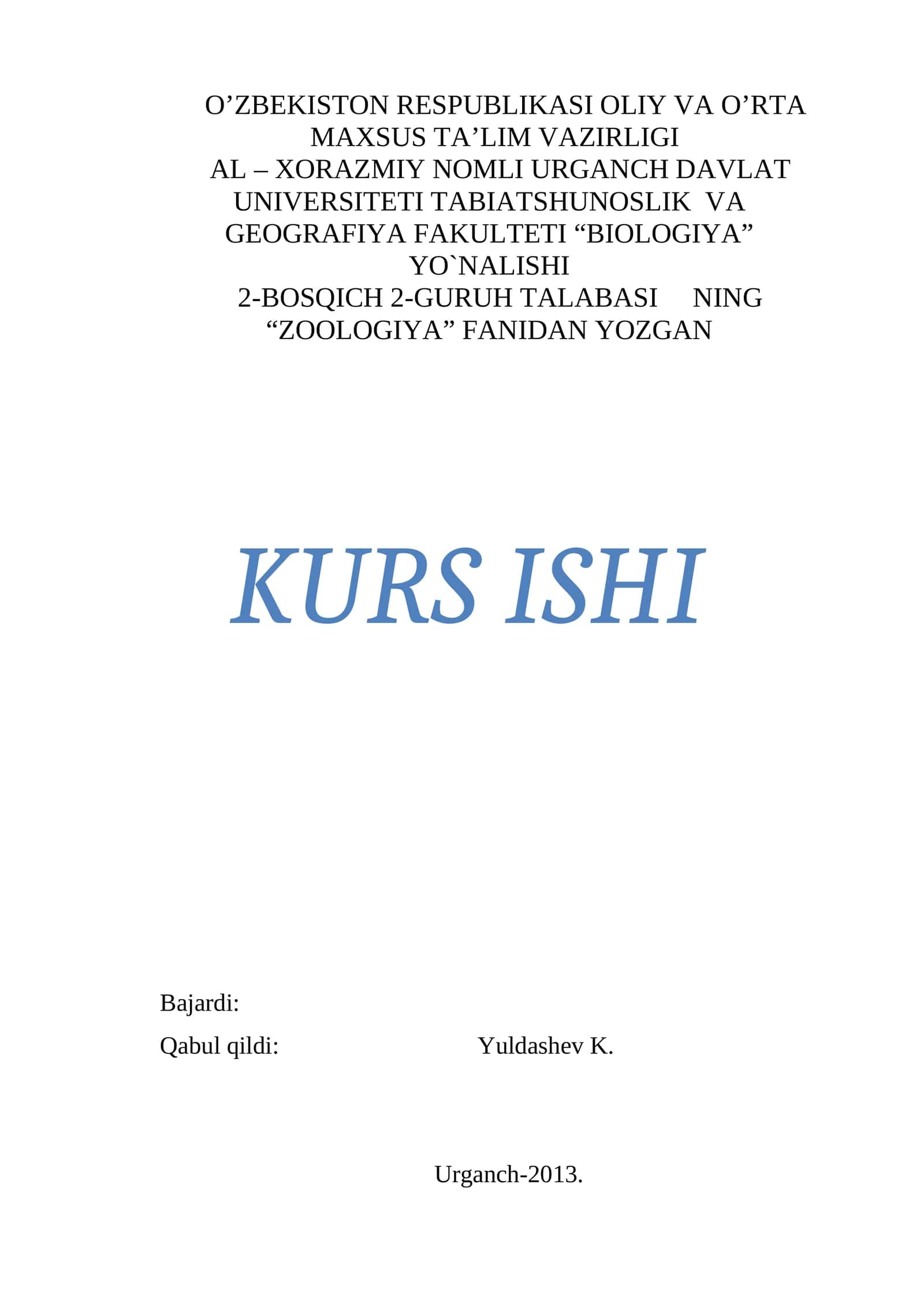 "Zoologiya" fanidan kurs ishi