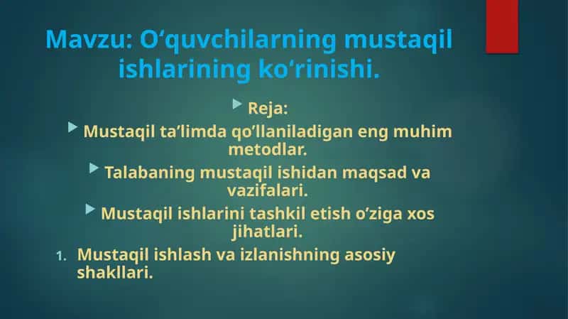 Oʻquvchilarning mustaqil ishlarining koʻrinishi