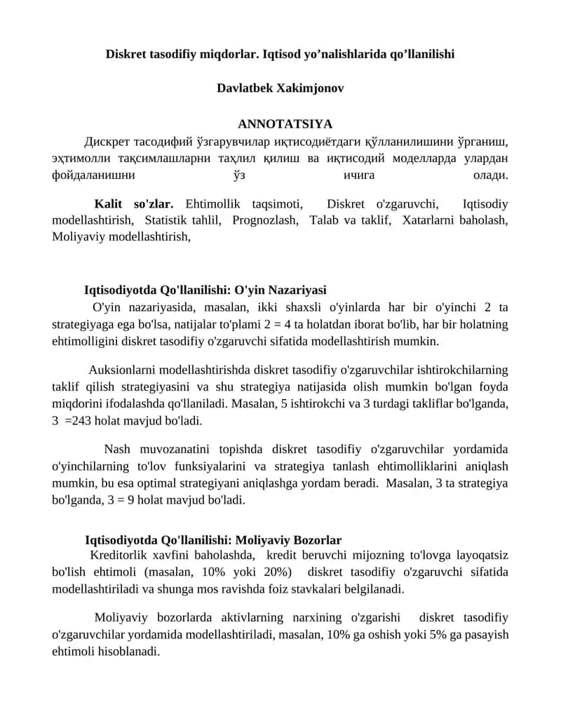 Diskret tasodifiy miqdorlar. Iqtisod yo’nalishlarida qo’llanilishi
