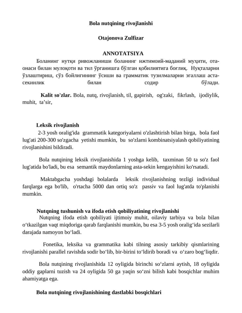 Bola nutqining rivojlanishi