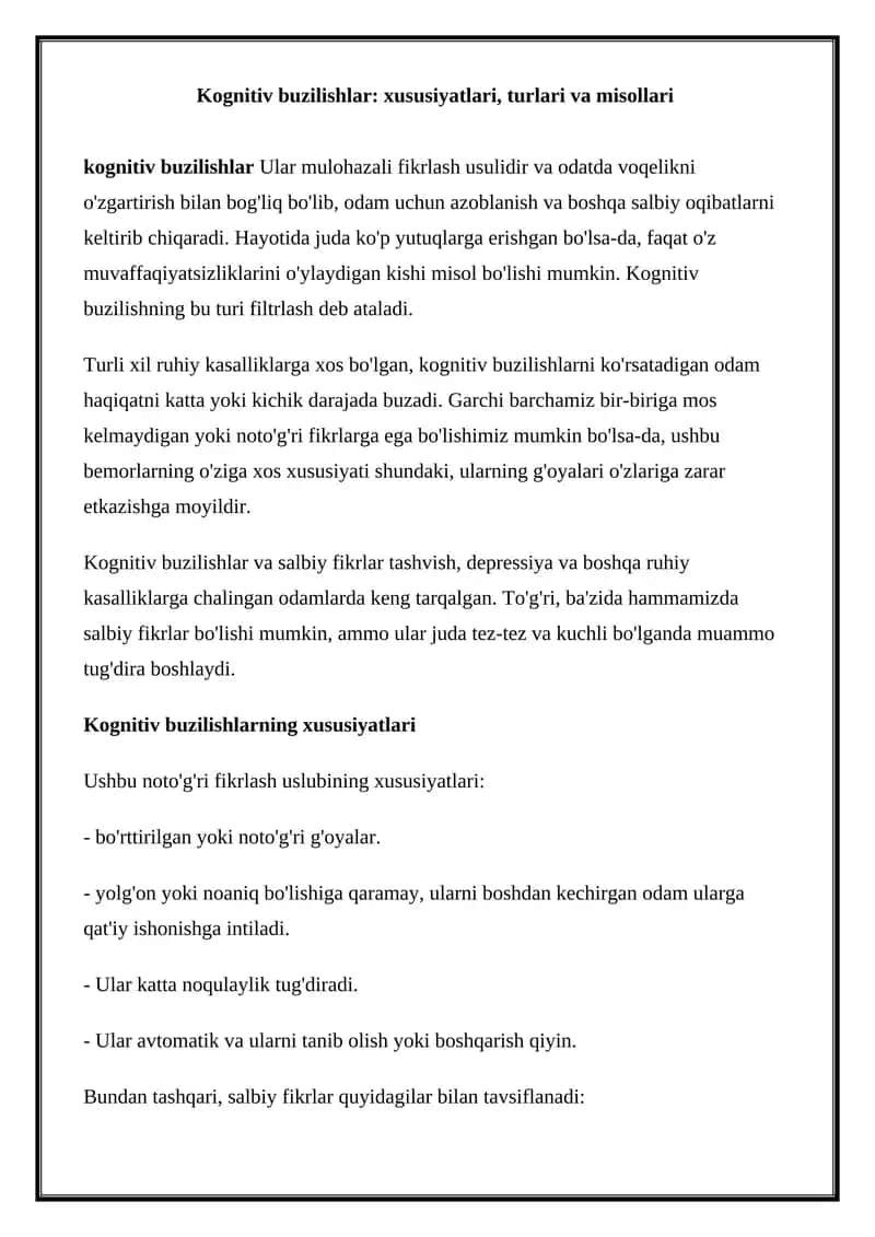 Kognitiv buzilishlar: xususiyatlari, turlari va misollari