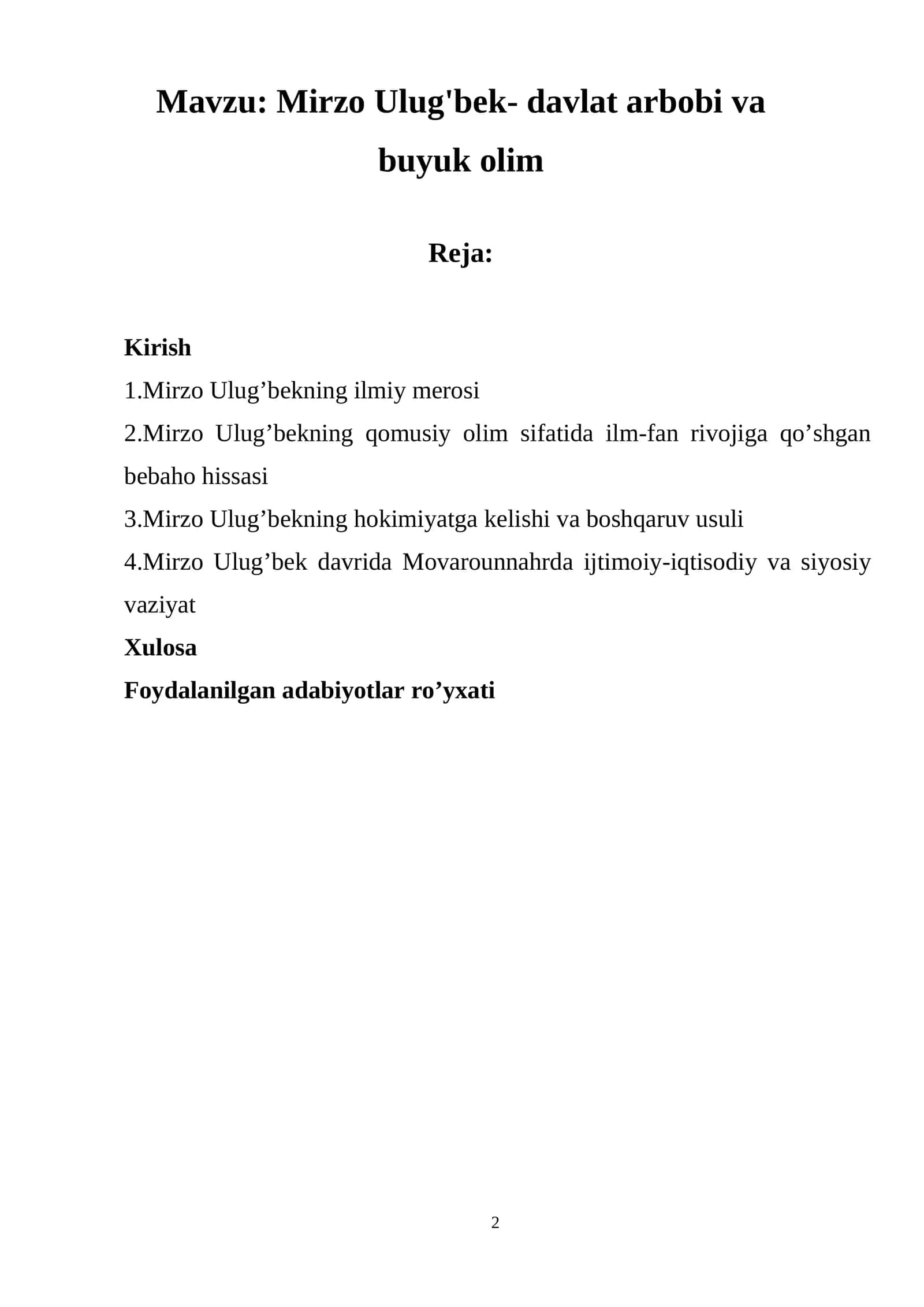 Mirzo Ulug'bek- davlat arbobi va buyuk olim