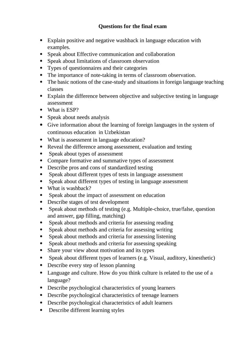 Questions for the final exam