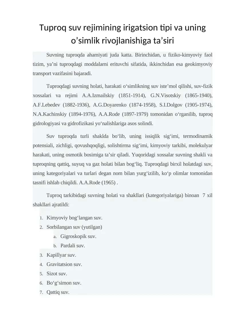 Tuproq suv rejimining irigatsion tipi va uning o’simlik rivojlanishiga ta’siri