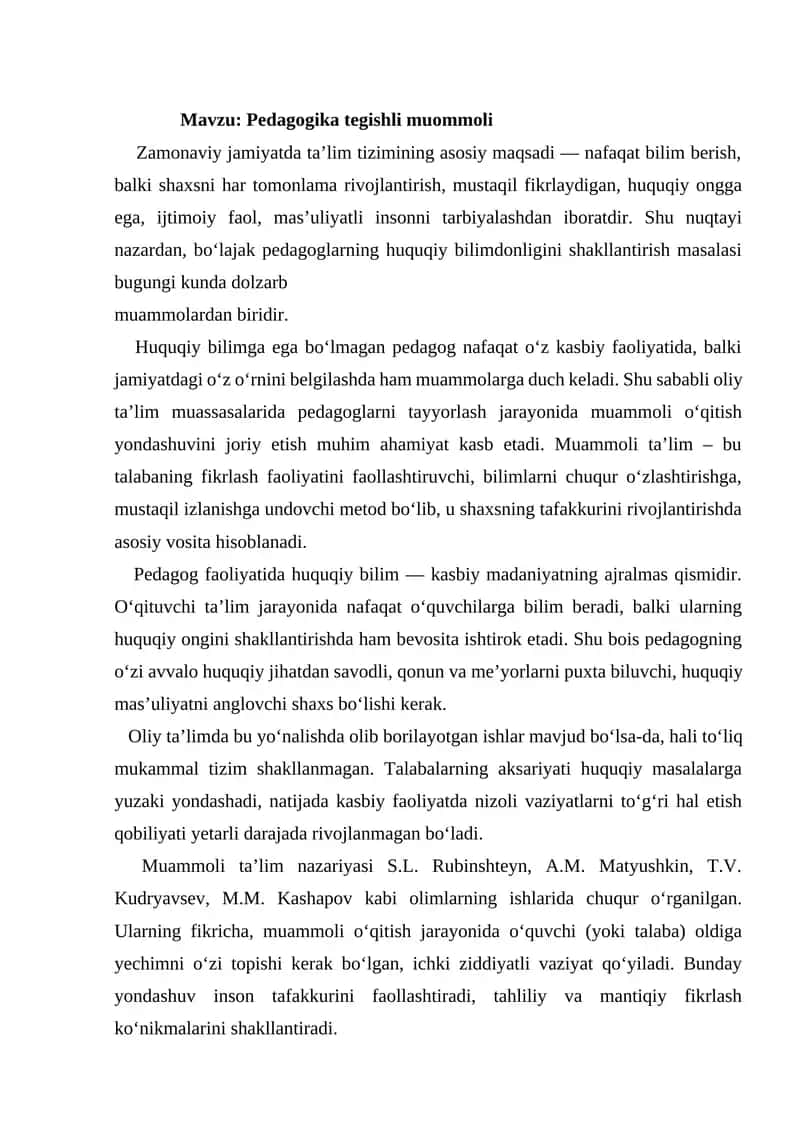 Pedagogika tegishli muommoli
