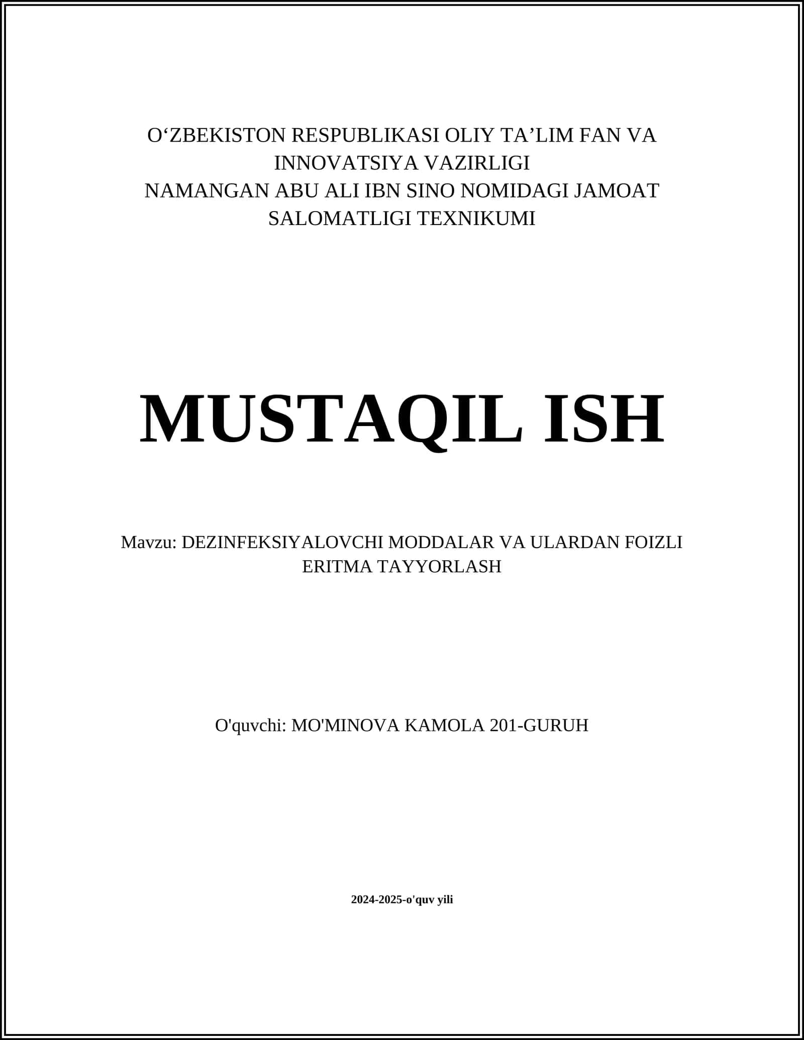 DEZINFEKSIYALOVCHI MODDALAR VA ULARDAN FOIZLI ERITMA TAYYORLASH