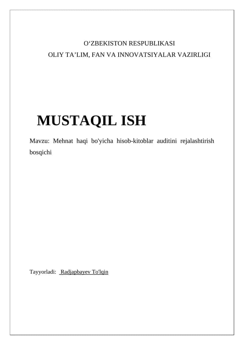 Mehnat haqi bo'yicha hisob-kitoblar auditini rejalashtirish bosqichi