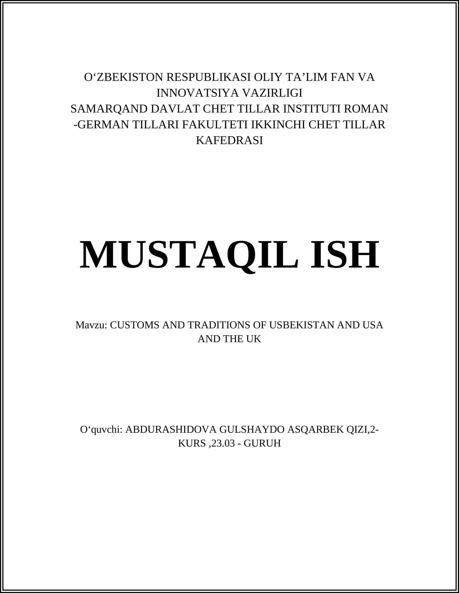 CUSTOMS AND TRADITIONS OF USBEKISTAN AND USA AND THE UK