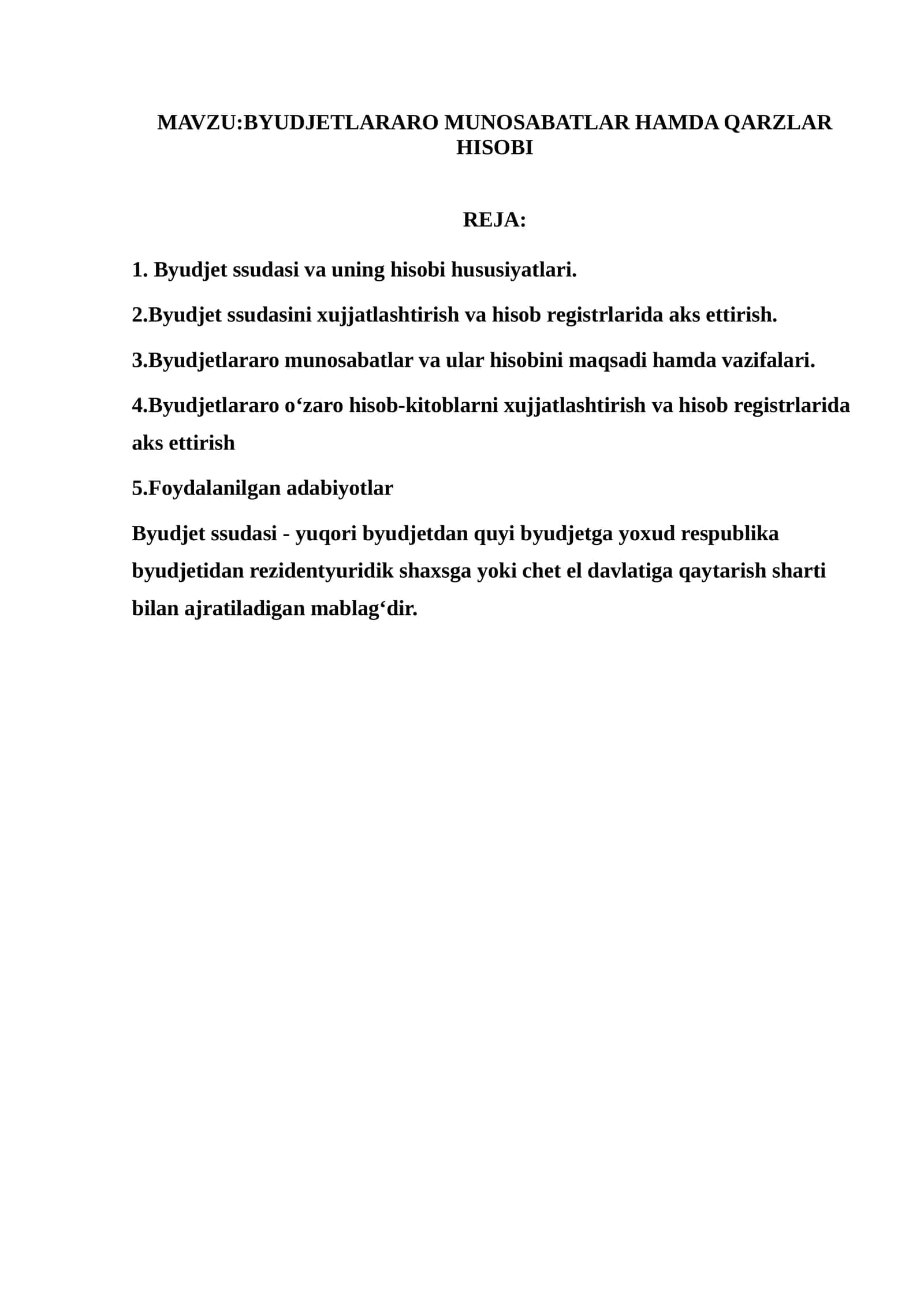 BYUDJETLARARO MUNOSABATLAR HAMDA QARZLAR HISOBI