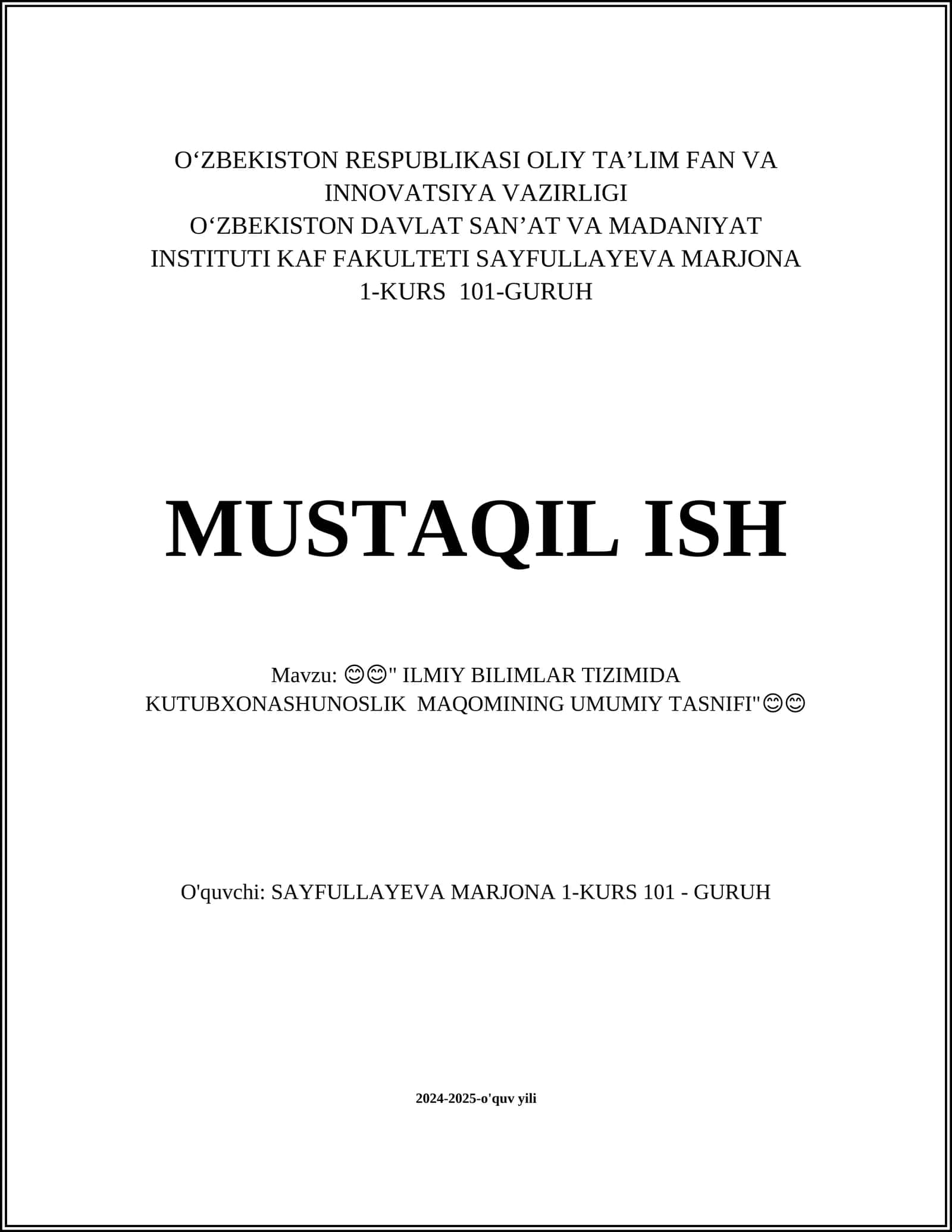 ILMIY BILIMLAR TIZIMIDA KUTUBXONASHUNOSLIK MAQOMINING UMUMIY TASNIFI